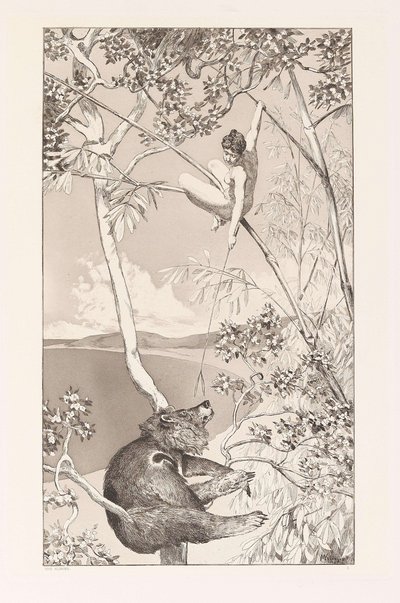 Beer en Elf Bär und Elfe plaat I uit Intermezzos, Opus IV Intermezzi, Opus IV, c. 1880 door Max Klinger