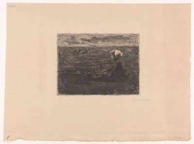 Jonge geitenhoedster zittend in het veld door Max Liebermann (signed by artist)