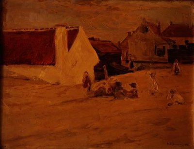 Kinderen spelen in een dorp door Max Liebermann