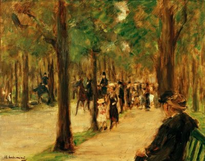 Wandeling in het Tiergarten met wandelaars en een paard door Max Liebermann