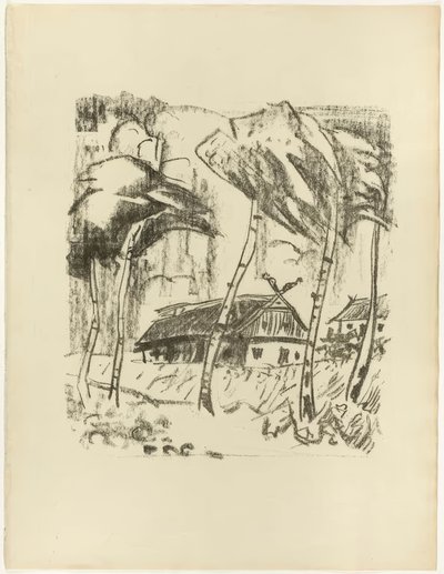 Homestead achter berkenbomen, uit The Samland Ode door Max Pechstein