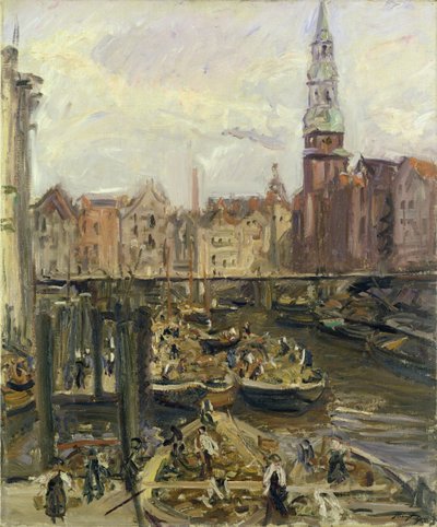 Drijvende Markt op een kanaal in Hamburg door Max Slevogt