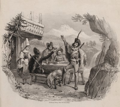 Jagers in de bergen genieten van een drankje in een taverne door Maxim Gauci