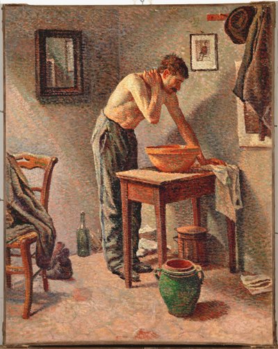 Man die zich wast (olieverf op doek) door Maximilien Luce