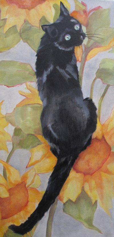 Zwarte kat tussen de zonnebloemen door Maxine Shore