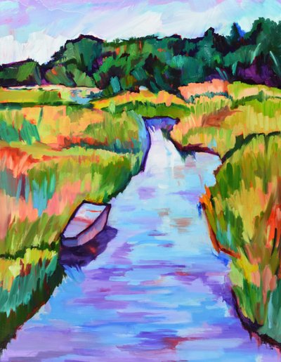 Kleurrijke rivierboot op de Marsh door Maxine Shore