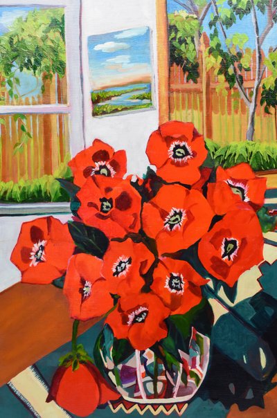Rode klaprozen in de zomertuin door Maxine Shore