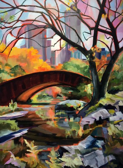 Kleurrijke herfstbrug in het park door Maxine Shore