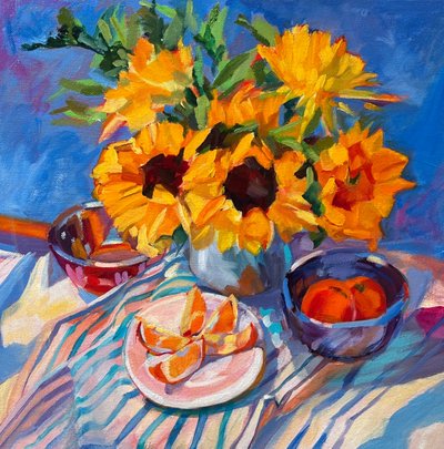 Levendige zonnebloemen en sinaasappels door Maxine Shore
