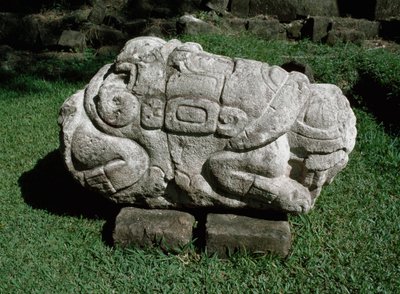 Zoomorfisch altaar uitgehouwen in een blok zandsteen door Mayan