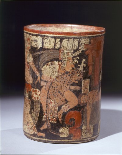 Cilindrisch vat met offer scène, c.600-850 AD (keramiek en pigmenten) door Mayan Mayan