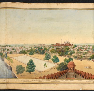 Sectie van een panorama van Delhi, met de Jama Masjid door Mazar or Mazhar Ali Khan