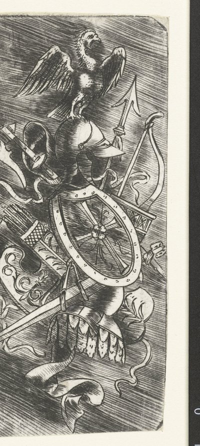 Adelaar bovenop wapentrofeeën waaronder verschillende wapens door Meester van 1515