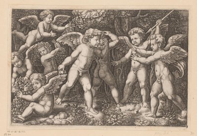 Spelende putti door Meester van de Dobbelsteen
