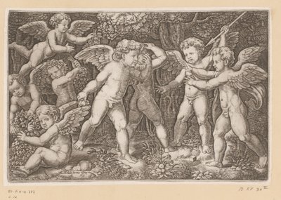 Spelende putti door Meester van de Dobbelsteen