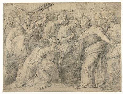 Christus verschijnt voor zijn discipelen door Meester van de Egmont Albums