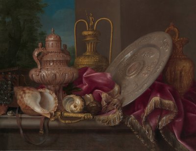 Stilleven met zilver en goud, schelpen en een zwaard, vierde kwart 17e eeuw door Meiffren Conte