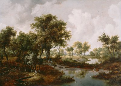 Een bosrijk landschap door Meindert Hobbema