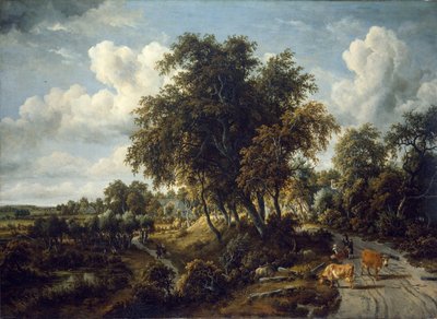Een bosrijk landschap: het pad op de dijk door Meindert Hobbema