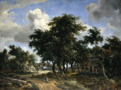 Dorpsstraat onder bomen door Meindert Hobbema
