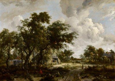 Dorp met watermolen tussen bomen door Meindert Hobbema