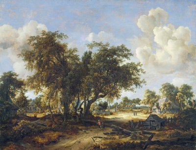 Bosrijk Landschap met Huisjes, 1665 door Meindert Hobbema