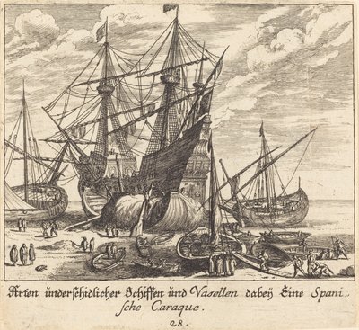 Schepen door Melchior Küsel after Johann Wilhelm Baur