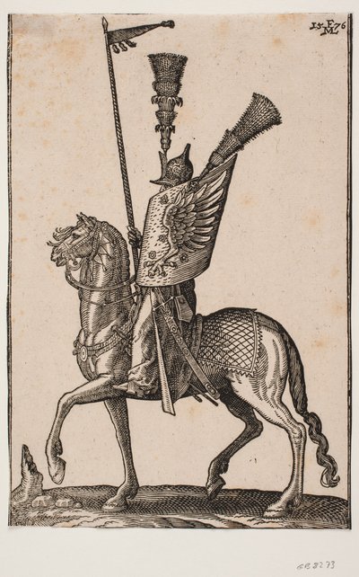 Bereden soldaat, profiel naar links; lans met wimpel, metalen helm met zeer hoge pluim, schild met adelaarsvleugel en een extra hoge pluim door Melchior Lorck