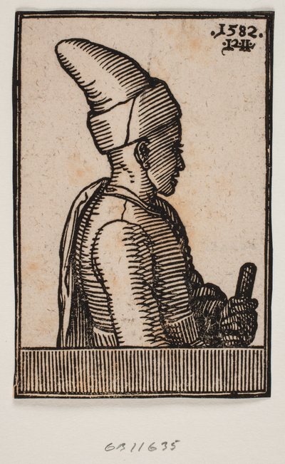 Borstbeeld van een jonge man met puntige hoed en staf in zijn linkerhand, profiel naar rechts door Melchior Lorck
