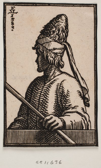 Buste van een jonge man met puntige hoed van leer, een staf in zijn linkerhand houdend, uitgestrekt over de balustrade; getoond in 3/4 profiel van de linkerkant van de man, met het hoofd iets van de kijker afgewend door Melchior Lorck