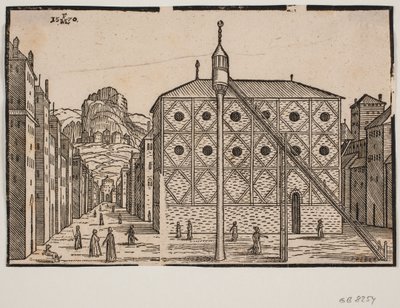 Straat, op de voorgrond moskee en vrijstaande minaret door Melchior Lorck
