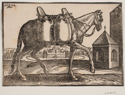 Paard, profiel naar links; aan zijn zichtbare zijde hangen twee keramische vaten; voor het paard een vierkante put met spits dak, achter het paard een kasteel met kantelen en koepels, omgeven door een cirkelvormige, met water gevulde gracht door Melchior Lorck