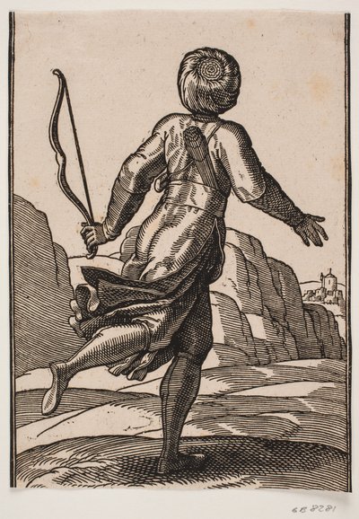 Rennende boodschapper, van achteren gezien, in een rotslandschap; in de linkerhand een boog, een bundel pijlen in de riem gestoken, een koker over de schouder door Melchior Lorck