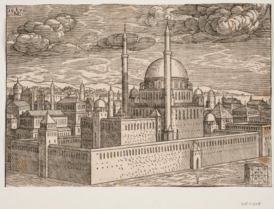 Moskee, met twee minaretten, gezien vanuit het noordwesten; aan de andere kant van het water is Galata te zien. In de rechterbenedenhoek is een kubusvormige steen, waarop een vierkant geometrisch figuur is geëtst, een figuur die vermoedelijk weergeeft door Melchior Lorck