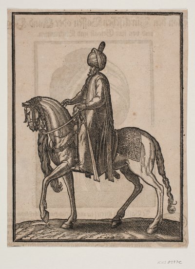 Bereden oudere man, met knuppel aan zijn zijde, profiel naar links; onder de hals van het paard hangt een paardenstaart of ossenstaart als teken van de waardige status van de man door Melchior Lorck