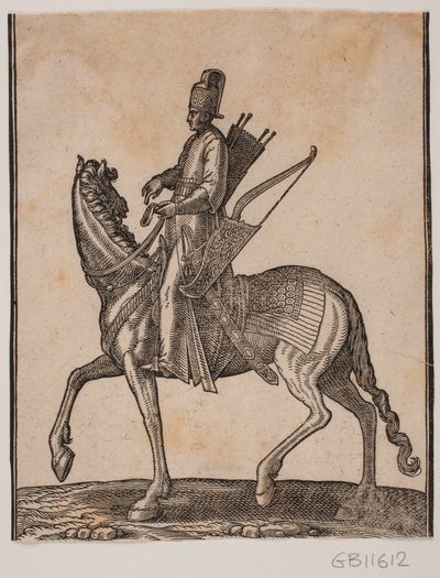Bereden soldaat, profiel naar rechts; hij draagt zijn zwaard en boog aan zijn linkerzijde en de pijlkoker aan zijn rechterzijde door Melchior Lorck