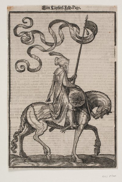 Bereden Vaandeldrager, Profiel naar Rechts; de Standaard is Tweestaartig; de Ruiter is Ongewapend; op de Rug van het Paard voor Hem is een Worstvormige Zak voor het Dragen van Bagage door Melchior Lorck
