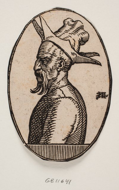 Ovale medaillon met buste van een man met hangende snor en een hoed met vier flapjes; de linkerkant van het gezicht van de man is in profiel te zien door Melchior Lorck