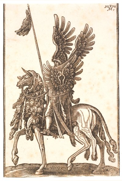 Rijk uitgerust ruitersoldaat met adelaarsvleugels op schild, helm en lans. Het voorste deel van zijn paard is bedekt met een leeuwenhuid door Melchior Lorck
