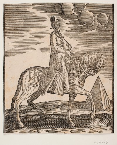 Ruiter met een fles om zijn nek, profiel naar rechts; een zwaard aan zijn rechterzijde en bagage voor hem, gedrapeerd over het zadel; rechts, op de achtergrond, een piramide door Melchior Lorck