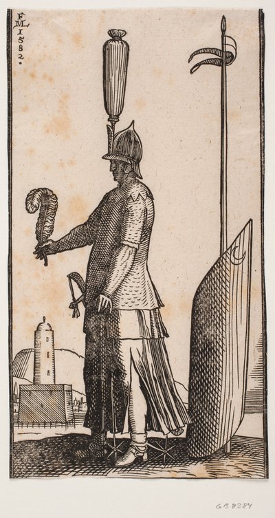 Staande helmgedekte soldaat, profiel naar links, met een veer in zijn uitgestrekte hand; achter hem een schild met halve maan tegen een lans in de grond door Melchior Lorck