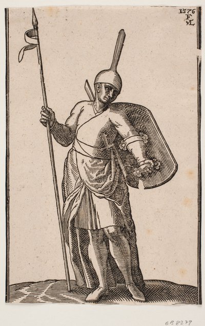 Staande soldaat, frontaal gezien; hoofddeksel met hoge, dunne top; in rechterhand een speer, op linkerarm een schild, van binnen gezien door Melchior Lorck
