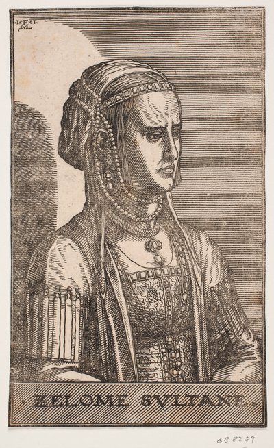 Portret van een sultane, halve profiel naar rechts: ZELOME SVLTANE door Melchior Lorck