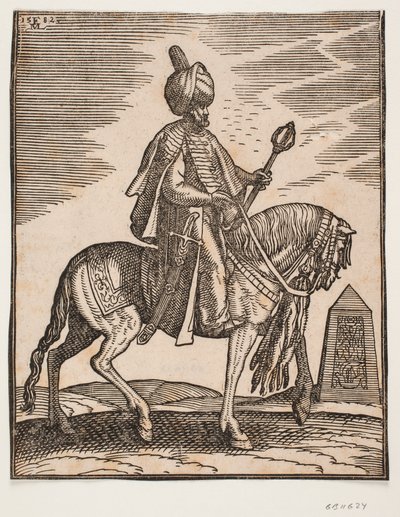 Ruiter met tulband en een zwaard aan zijn rechterzijde en een oorlogsknots in zijn linkerhand, profiel naar rechts; op de achtergrond een obelisk door Melchior Lorck