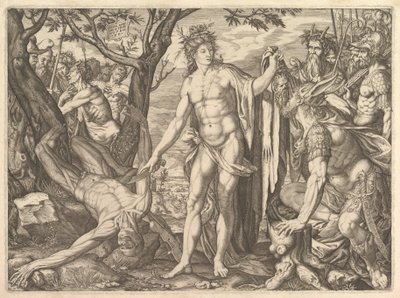 Apollo en Marsyas en het Oordeel van Midas: rechts Midas met de oren van een ezel door Melchior Meier