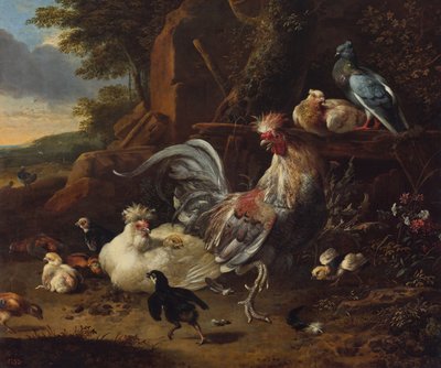 Hanen, kippen en ander gevogelte in een tuin door Melchior d