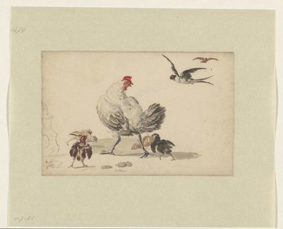 Twee zwaluwen en een hen met vier kuikens door Melchior d