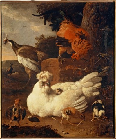 M. de Hondecoeter, Hen met kuikens door Melchior de Hondecoeter