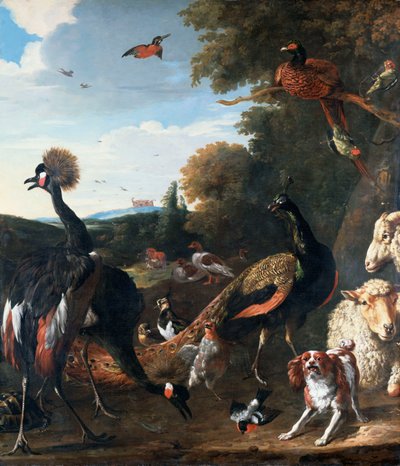 Pauwen en andere vogels, met een schaap en hond in een landschap door Melchior de Hondecoeter