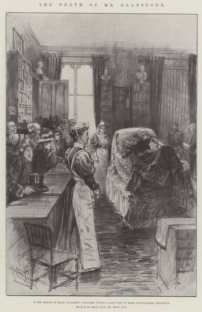 De Dood van Mr Gladstone, in de Tempel van Vrede, Hawarden, Dorpsbewoners brengen een Laatste Bezoek aan hun Beroemde Buurman door Melton Prior